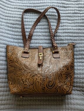 M.C. Hand-Tooled Floral Brown Leather Tote Bag